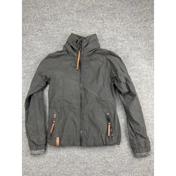 Naketano Jacket Womens Small Dark Gray Hooded Zip Pockets Faux Leather Trim - Picture 1 of 7